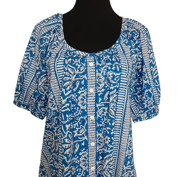 Livro Mini Dress Puff Sleeve Button Front Hand Block Mini Printed Blue Womens S - Picture 2 of 9